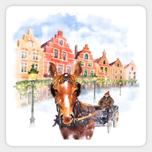 Horse carriage on Christmas Markt square in Brugge, Belgium Sticker